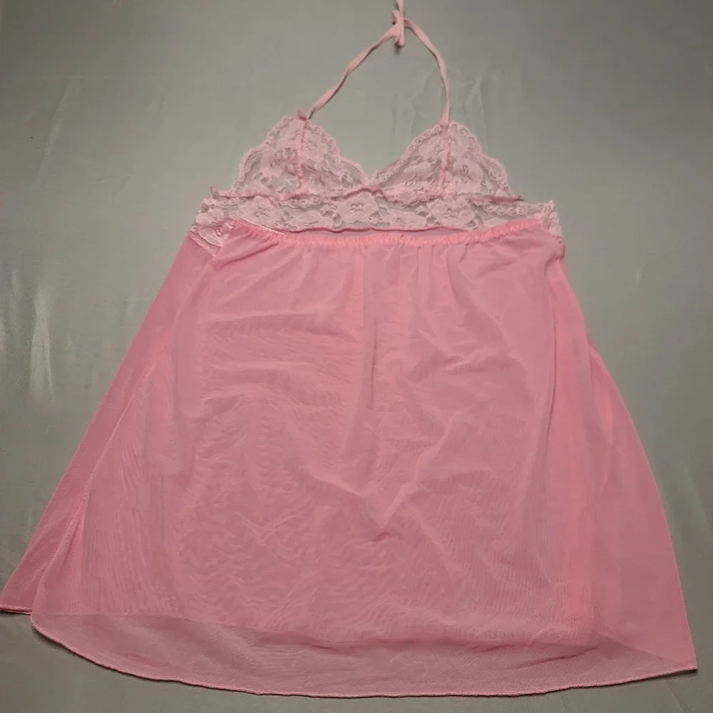 Unbranded‎ Babydoll Chemise Lingerie Women Medium Pink Lace Mesh Halter Nightie